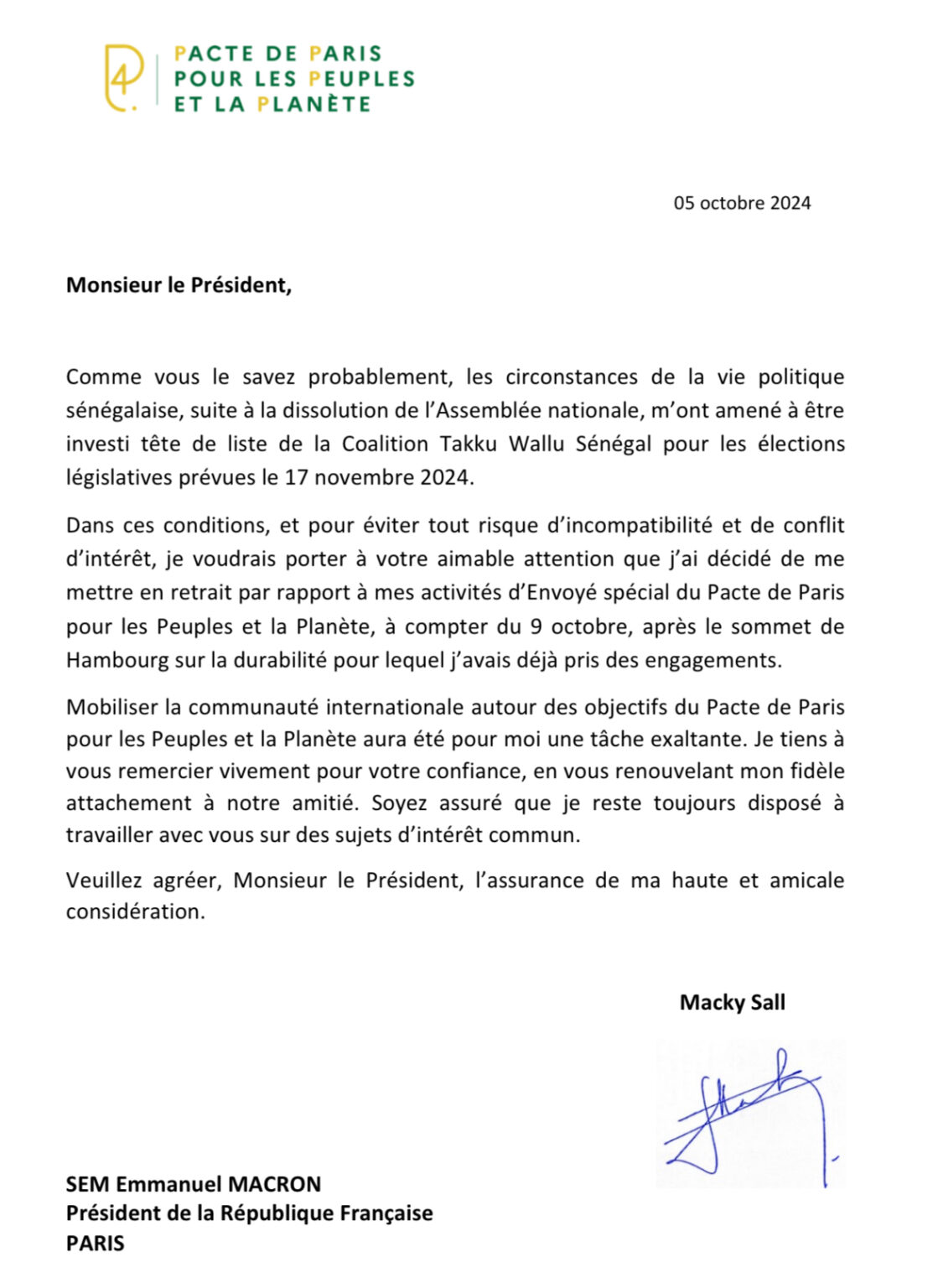 4P Voici la lettre de démission de Macky Sall EmediaSN