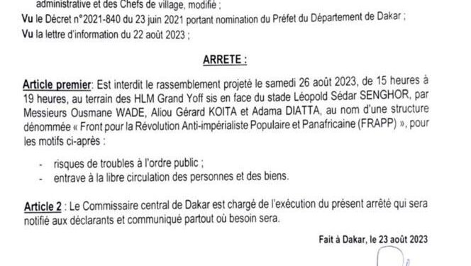 LE PRÉFET DE DAKAR INTERDIT LE RASSEMBLEMENT DU FRAPP SAMEDI 1 interdiction_pre_fectorale.jpg
