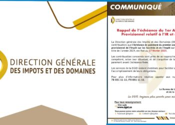 La Direction générale des Impôts et des Domaines (DGID) rappelle que le paiement du premier acompte provisionnel de l&rsquo;Impôt sur les Sociétés et de l&rsquo;Impôt sur le Revenu, au titre de l&rsquo;année 2024, est fixé au 17 février 2025.