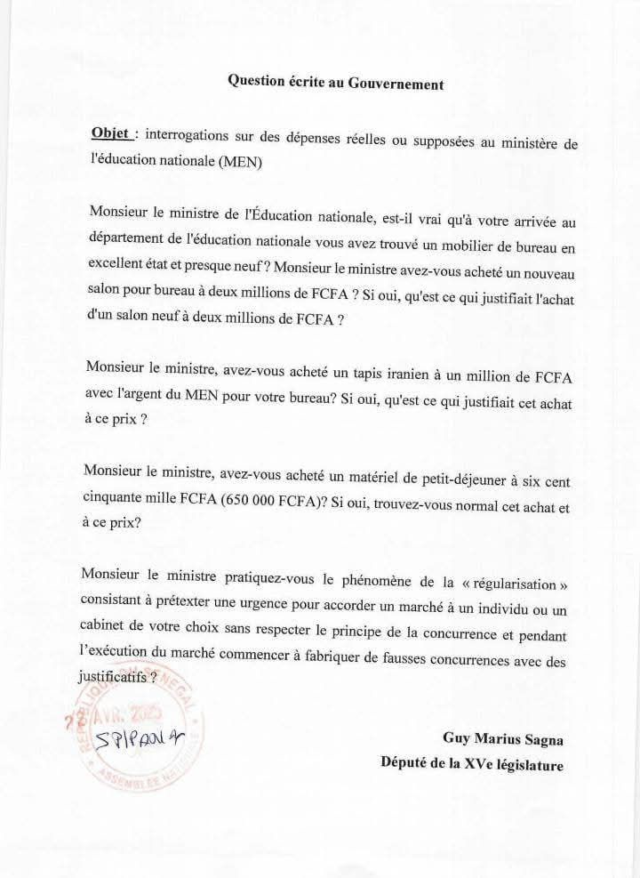 Mobilier à 2 millions, tapis iranien à 1 million, petit-déjeuner à 650 000 FCFA : Guy Marius Sagna interpelle le ministre de l’Éducation sur des dépenses controversées 2 fb img 17454968243513044050889961096667